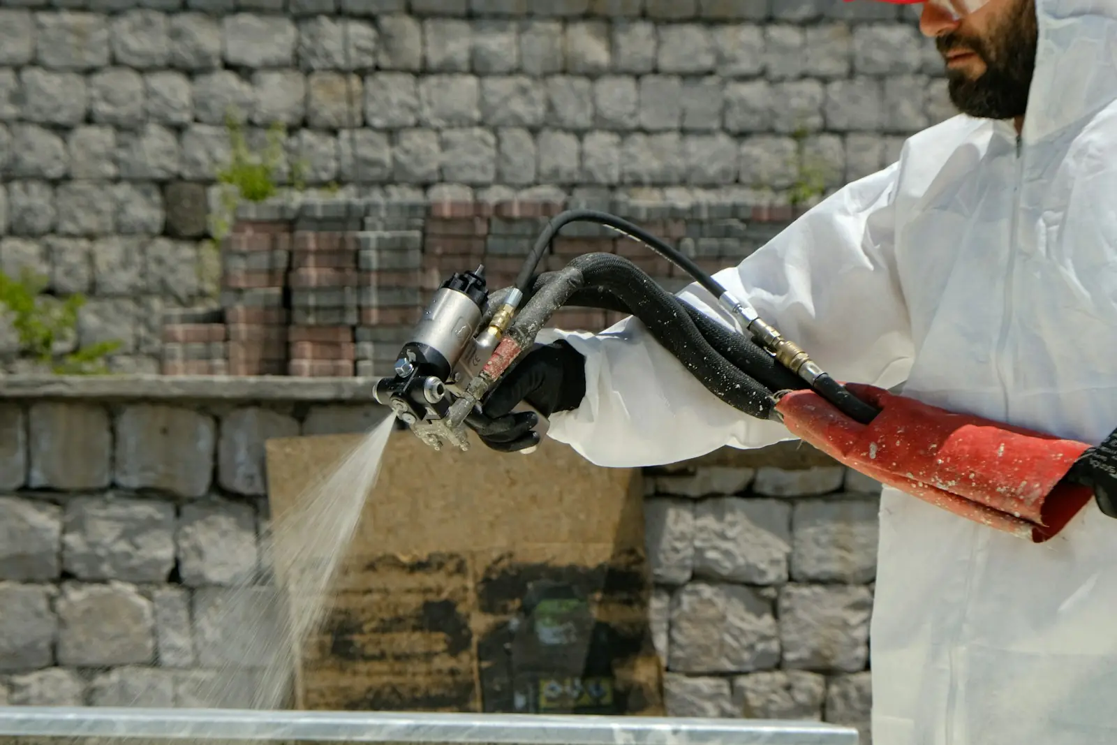 Technicien en combinaison réalisant un traitement anti-nuisibles