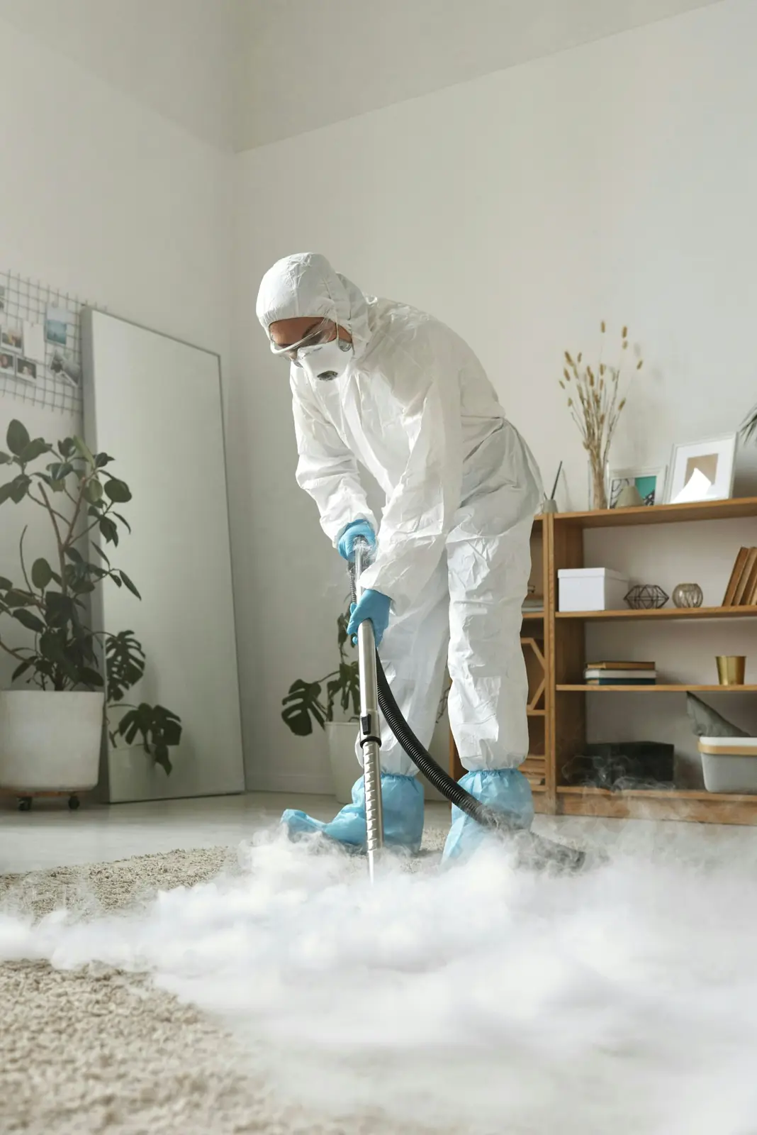 Technicien en combinaison traitant un logement contre les punaises de lit
